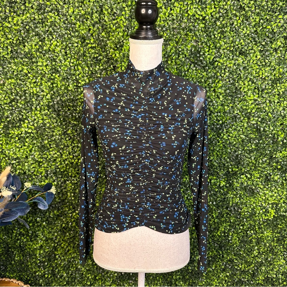 Nwt AFRM Black floral Top with sheer mesh long sleeves mock neck